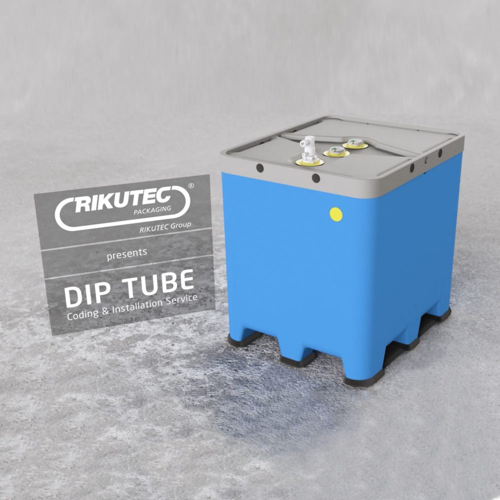 RIKUTEC Dip Tube 编码与安装服务原厂示意图，展示 IBC 顶部取液接口